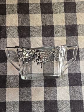 Vintage Clear Glass Sugar Bowl With Silver Overlay Floral Pattern